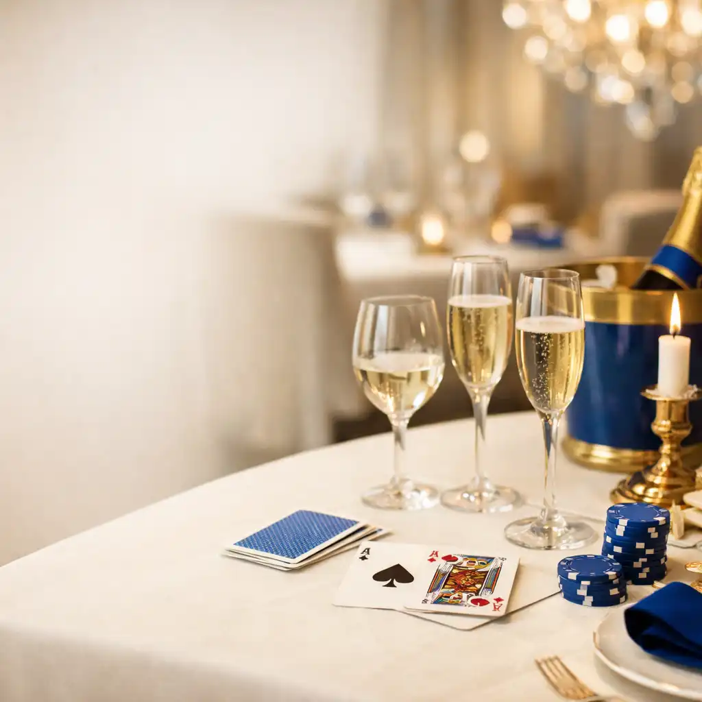 Table lumineuse d’un restaurant raffiné, dressée pour une soirée poker discrète