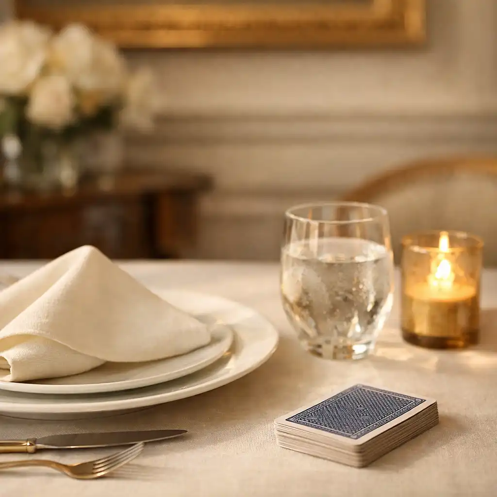 Table élégante dressée avec vaisselle blanche, serviette ivoire et lumière chaude