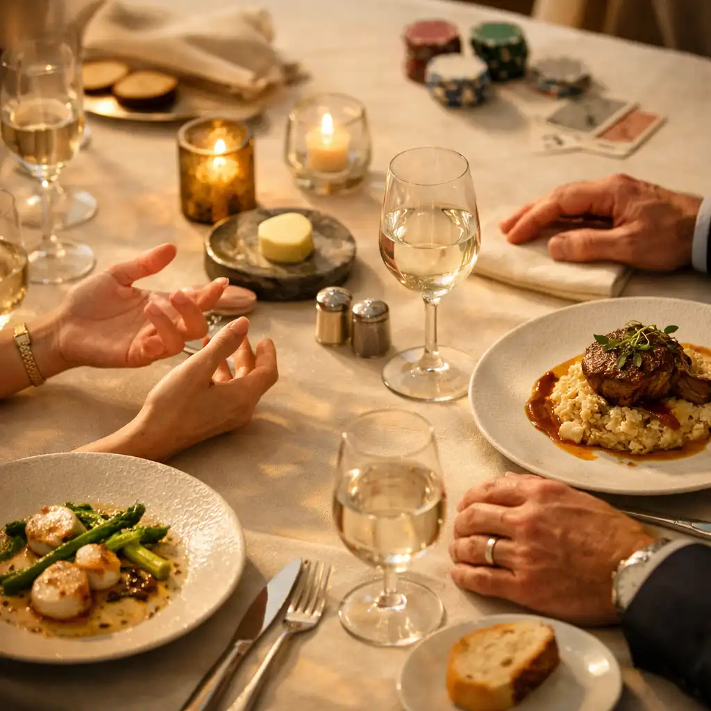 Assiettes, verrerie et mains adultes en conversation autour d’une table de dîner.