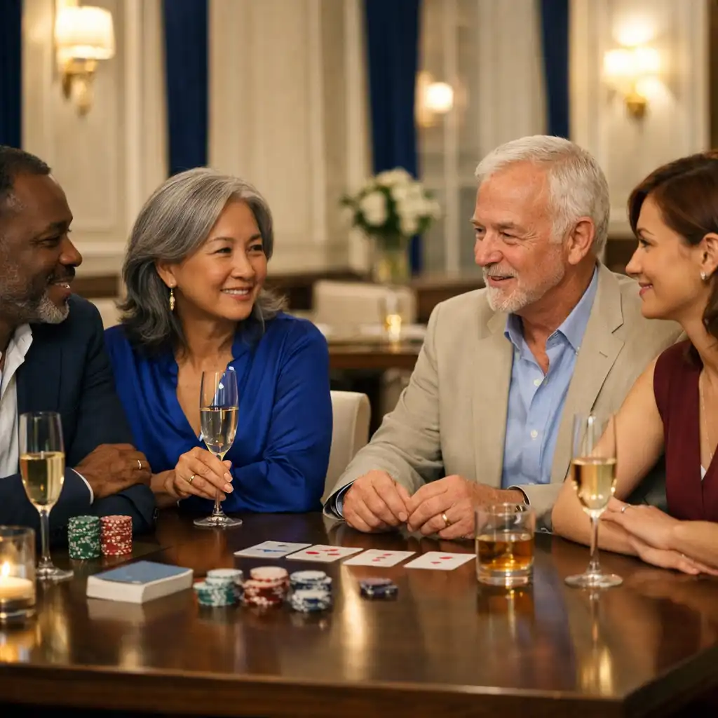 Petit groupe d’adultes échangeant calmement autour d’une table dans un restaurant lumineux.