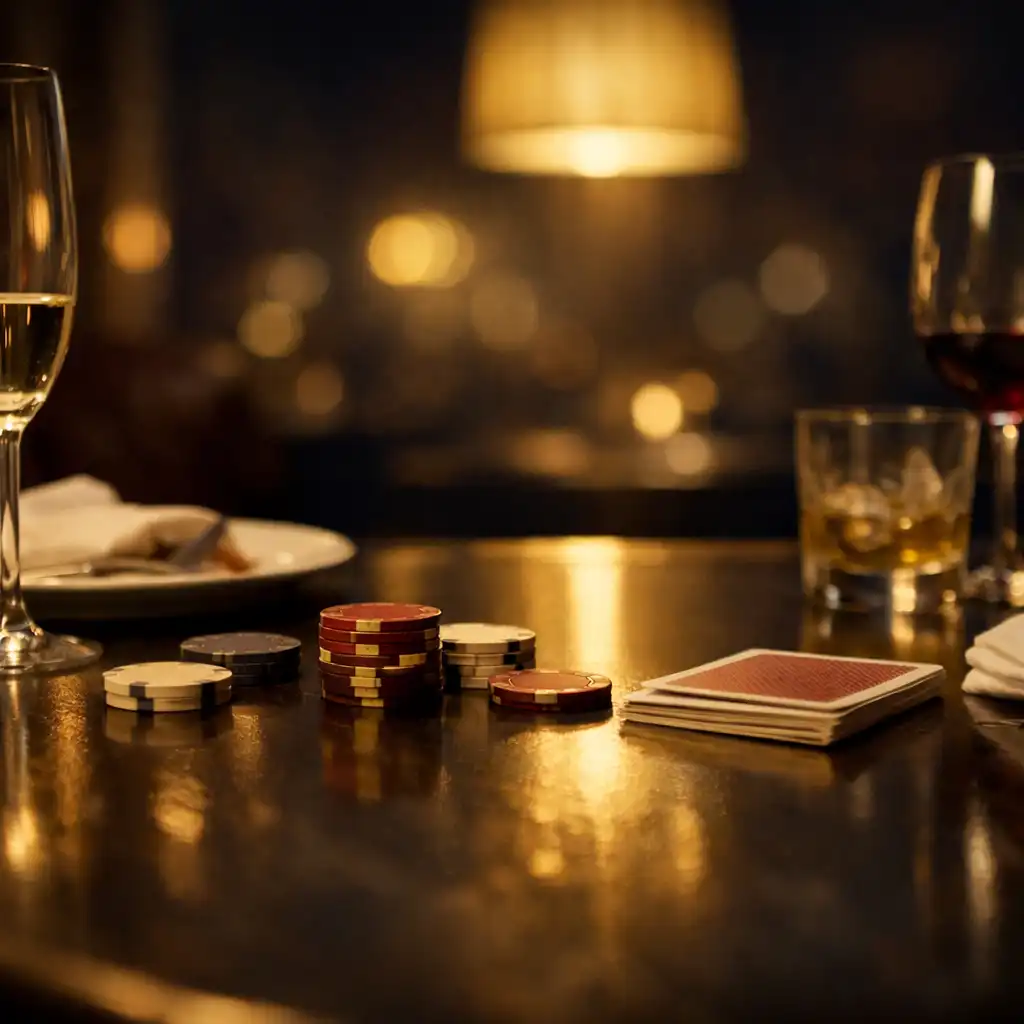 Table éclairée en fin de soirée avec reflets chauds, verrerie et cartes rangées discrètement.