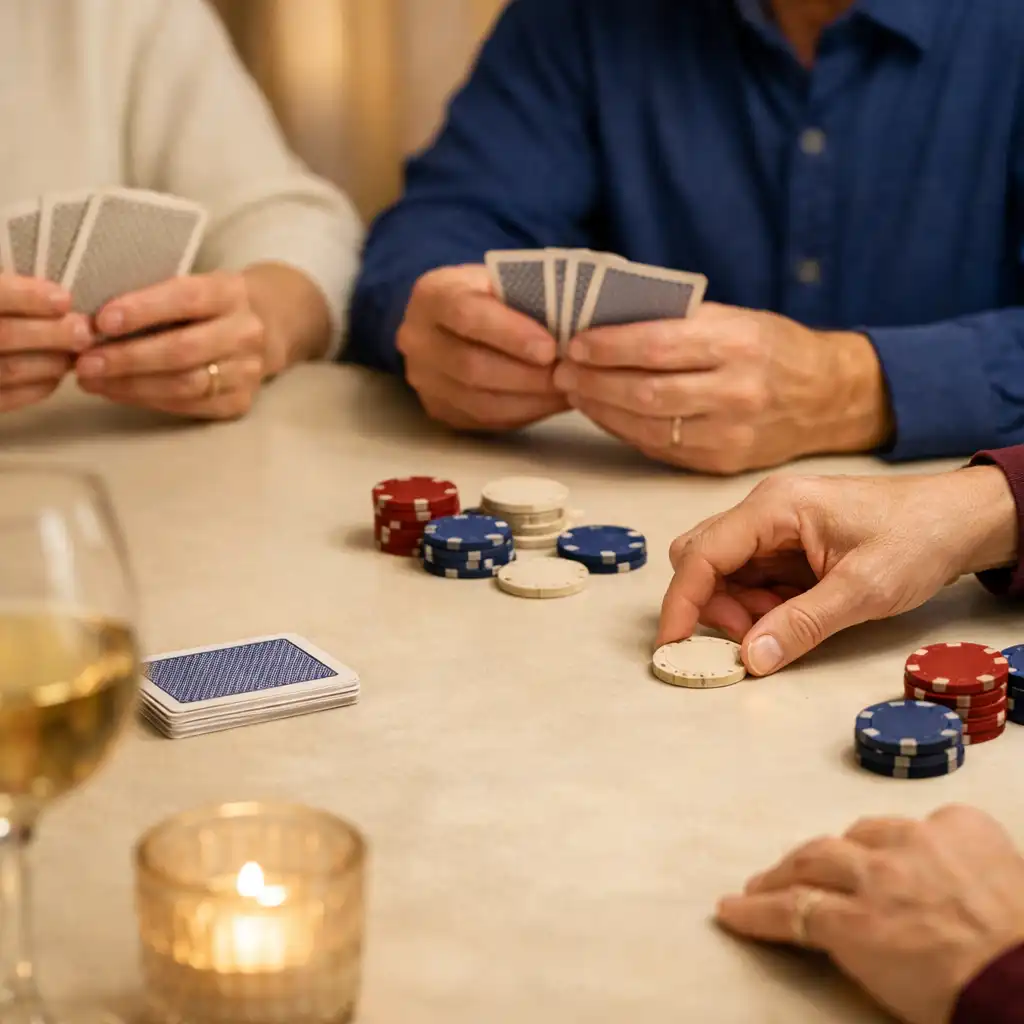Mains d’adultes autour de cartes et de jetons sur une table élégante.