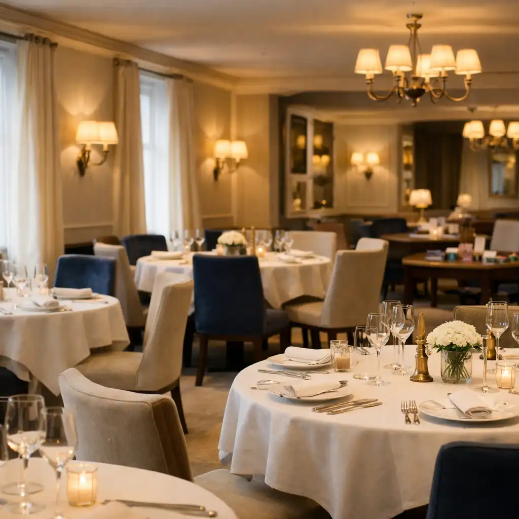 Salle de restaurant raffinée avec tables dressées avant l’arrivée des convives.