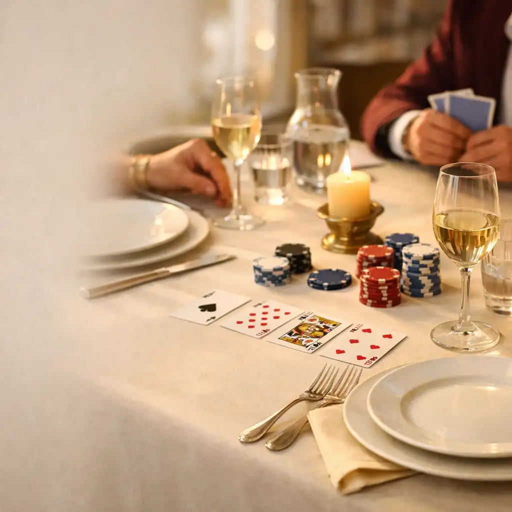Table de restaurant lumineuse dressée avec vaisselle claire, verres, cartes et jetons discrets, entourée de mains adultes.