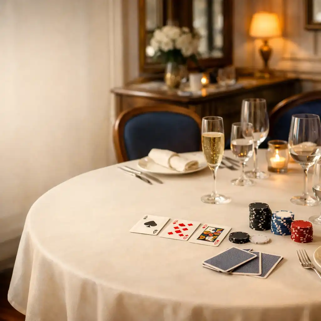 Table de restaurant élégante préparée pour une soirée poker, avec verres, cartes et jetons sobres