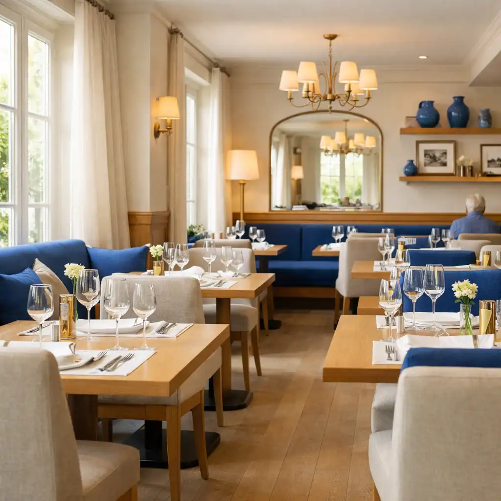 Intérieur lumineux de restaurant avec tables élégantes, bois clair et sièges confortables