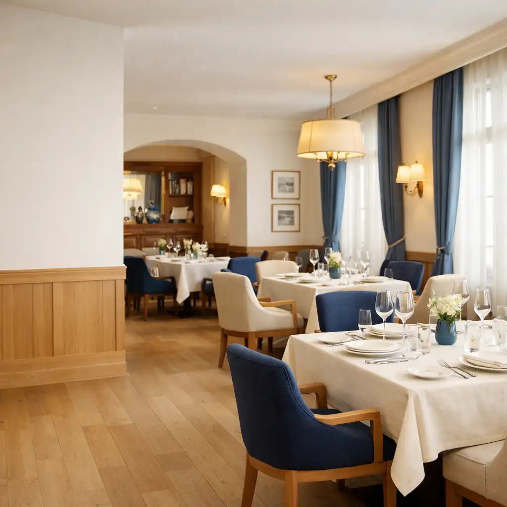 Salle de restaurant lumineuse avec tables élégantes, bois clair et détails bleus discrets