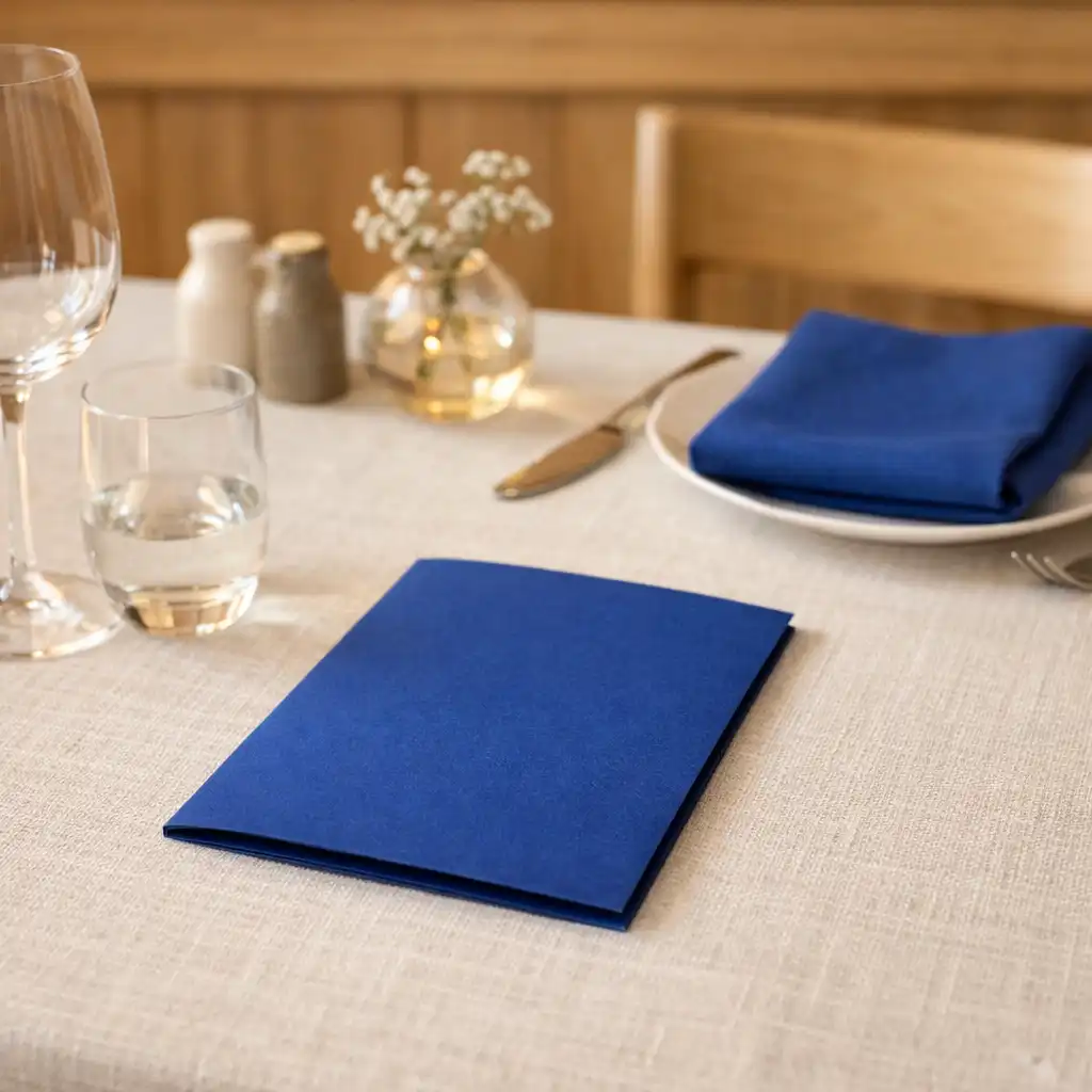 Détail d’une table de restaurant avec lin clair, vaisselle sobre et accent bleu discret