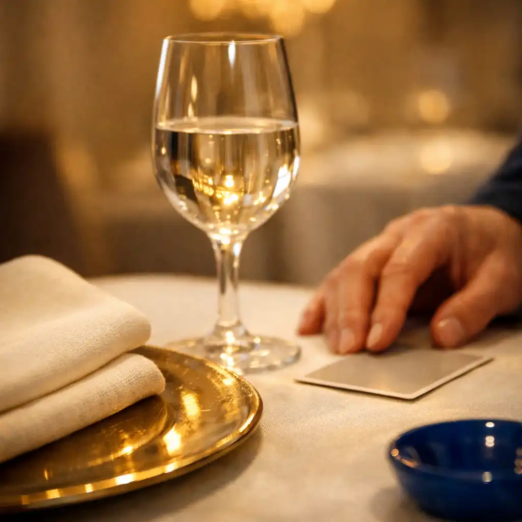 Détail d’une table élégante avec serviette ivoire, verrerie et lumière douce de restaurant.