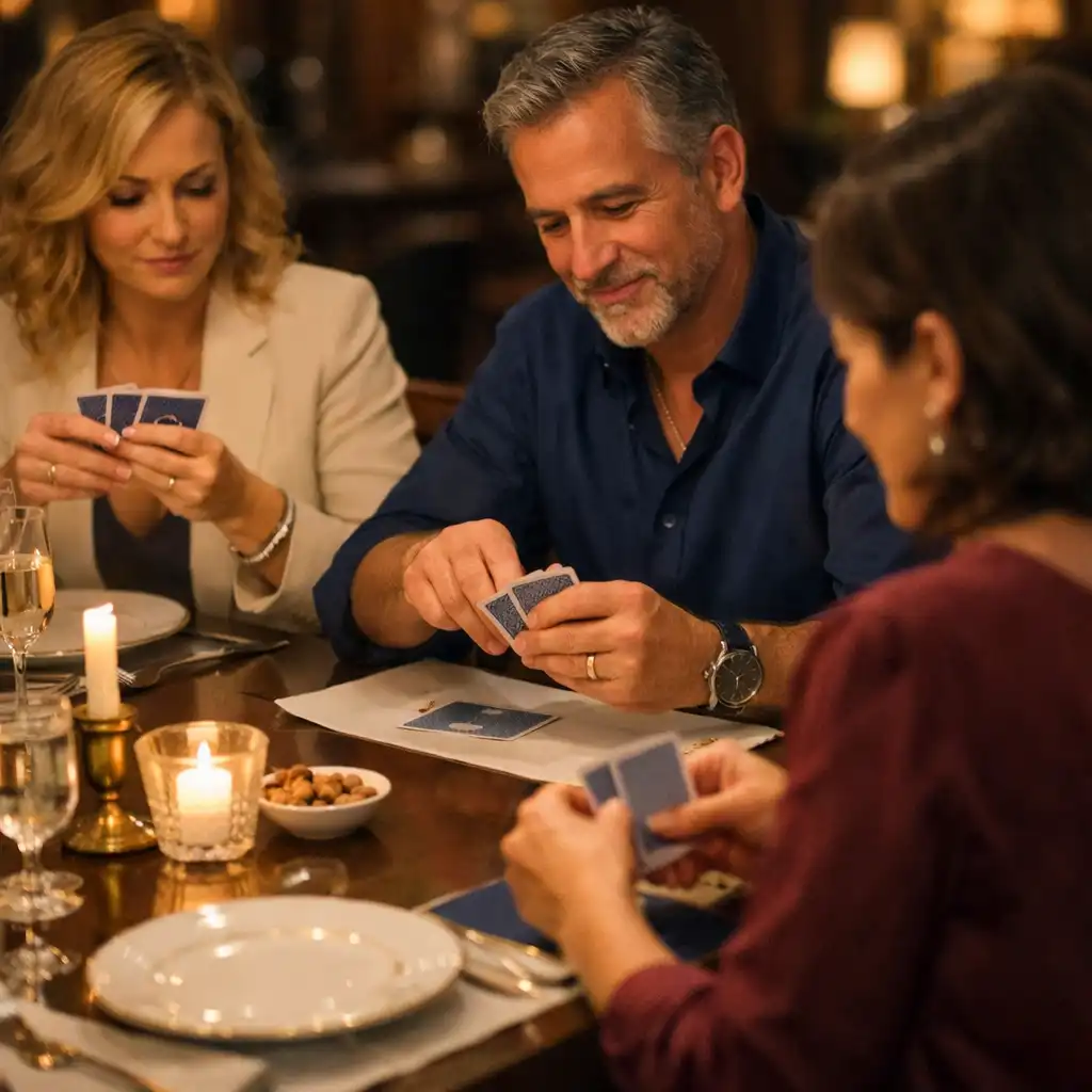 Petit groupe d’adultes autour d’une table de restaurant, concentrés et conviviaux pendant un moment de poker.