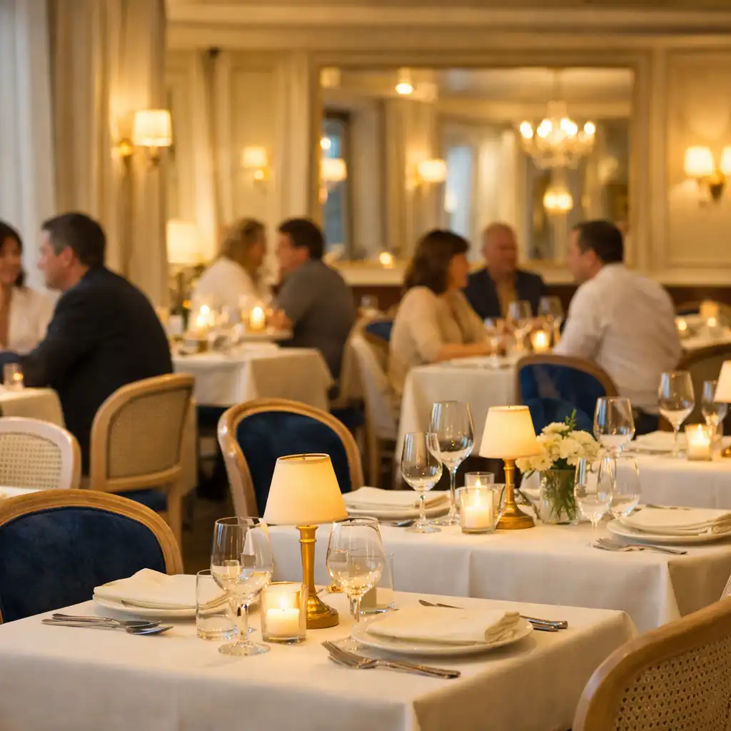 Salle de restaurant lumineuse, tables dressées et adultes conversant dans une ambiance sereine.
