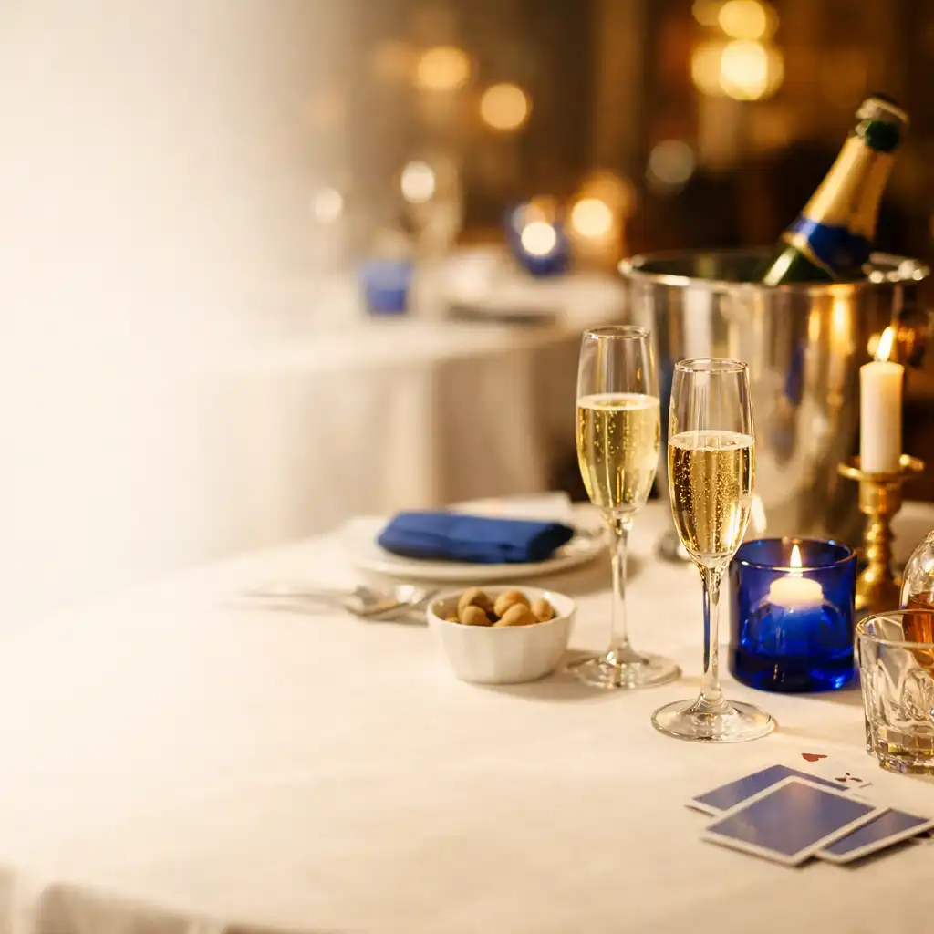 Table de restaurant raffinée dressée pour une soirée conviviale autour du poker, dans une lumière chaude et claire.