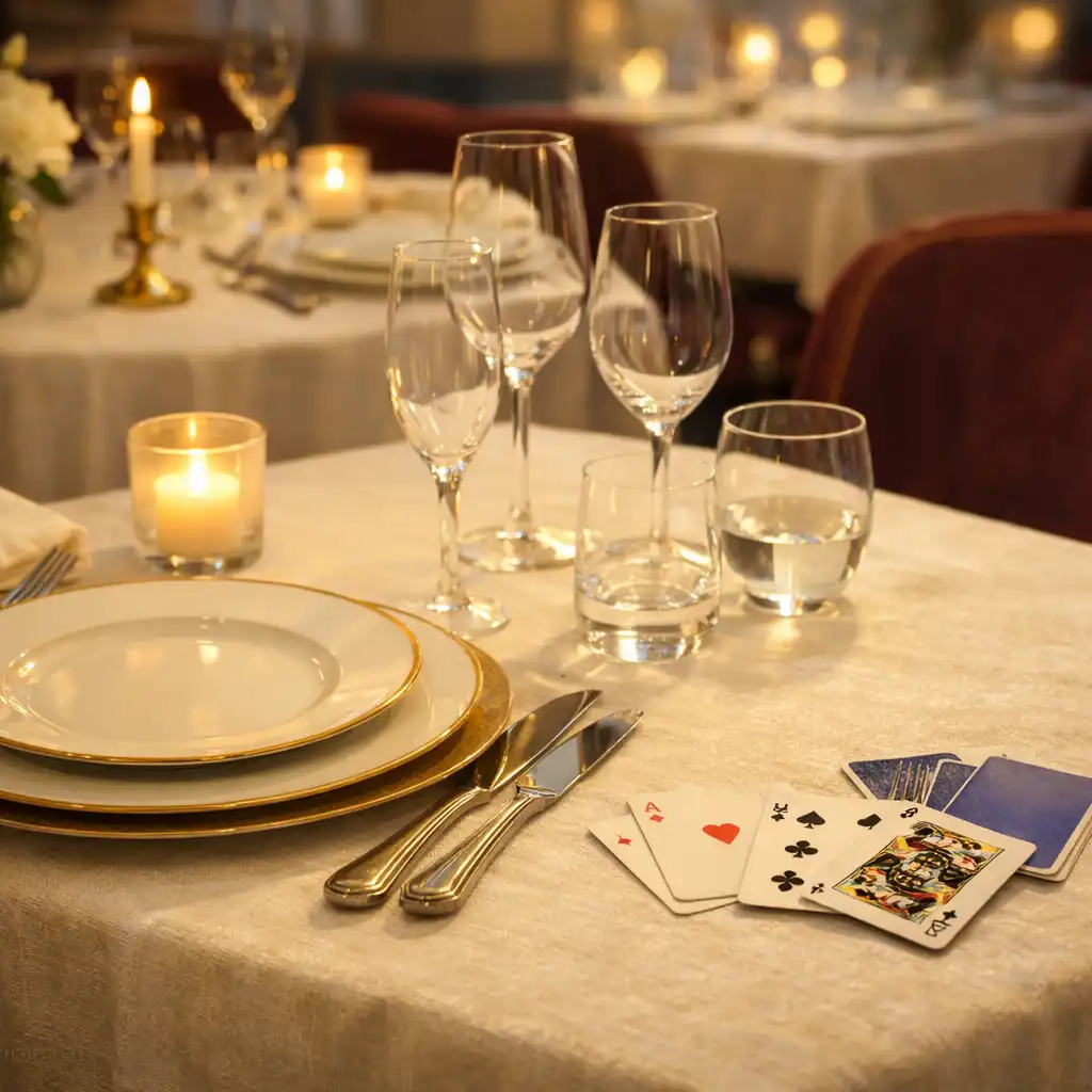 Table dressée dans un restaurant raffiné, avec verres, vaisselle élégante et une lumière chaleureuse de début de soirée.