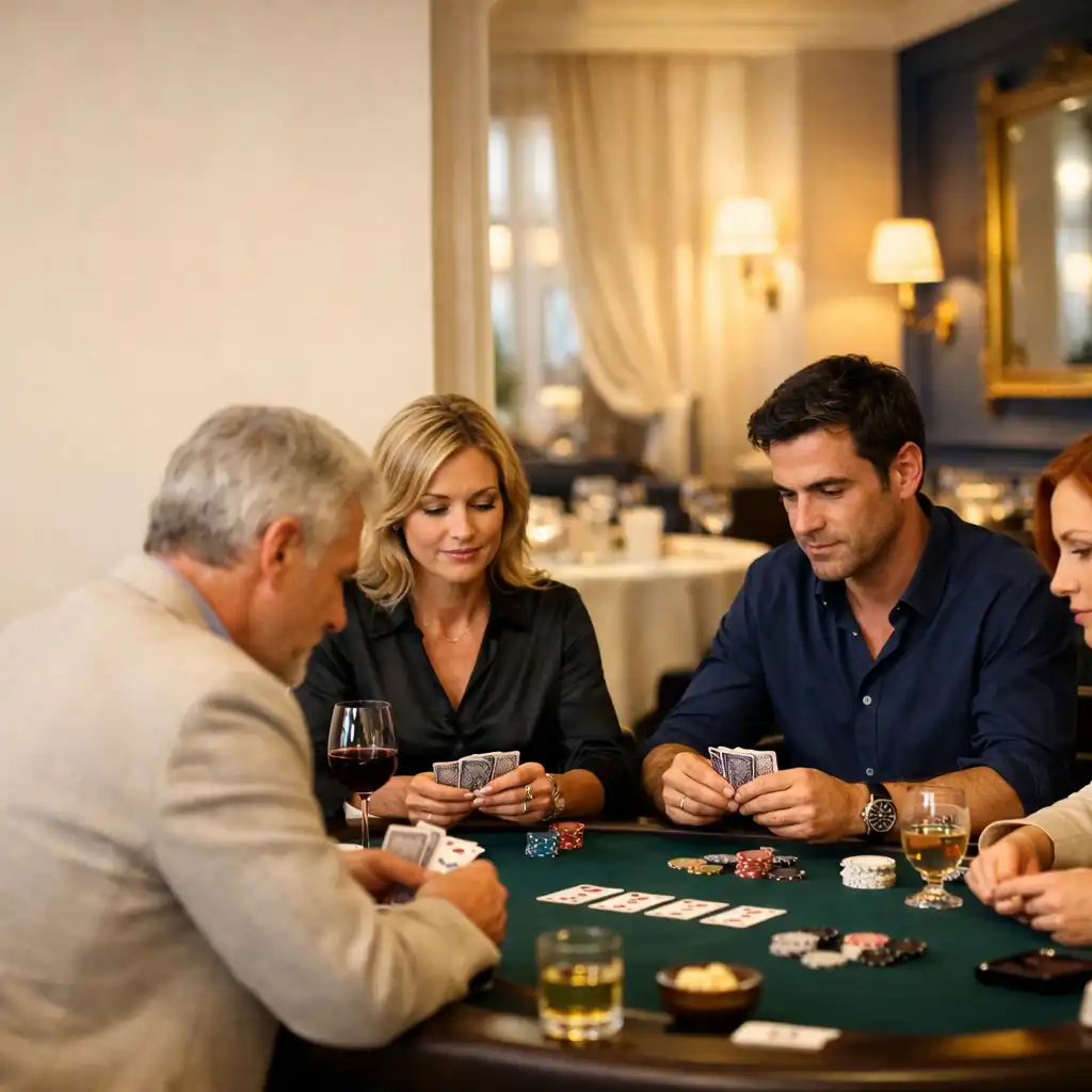 Adultes réunis autour d’une table élégante dans un restaurant lumineux, pendant une soirée poker conviviale.
